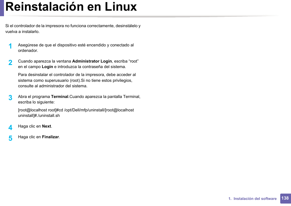 Reinstalación en linux, Reinstalación en linux138 | Dell B1165nfw Multifunction Mono Laser Printer User Manual | Page 138 / 311