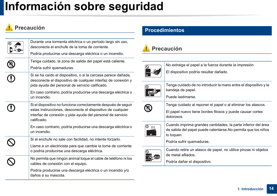 Información sobre seguridad, Precaución, Procedimientos | Dell B1165nfw Multifunction Mono Laser Printer User Manual | Page 14 / 311