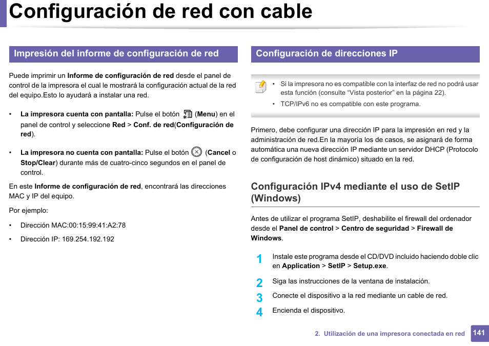 Configuración de red con cable, Impresión del informe de configuración de red, Configuración de direcciones ip | Dell B1165nfw Multifunction Mono Laser Printer User Manual | Page 141 / 311