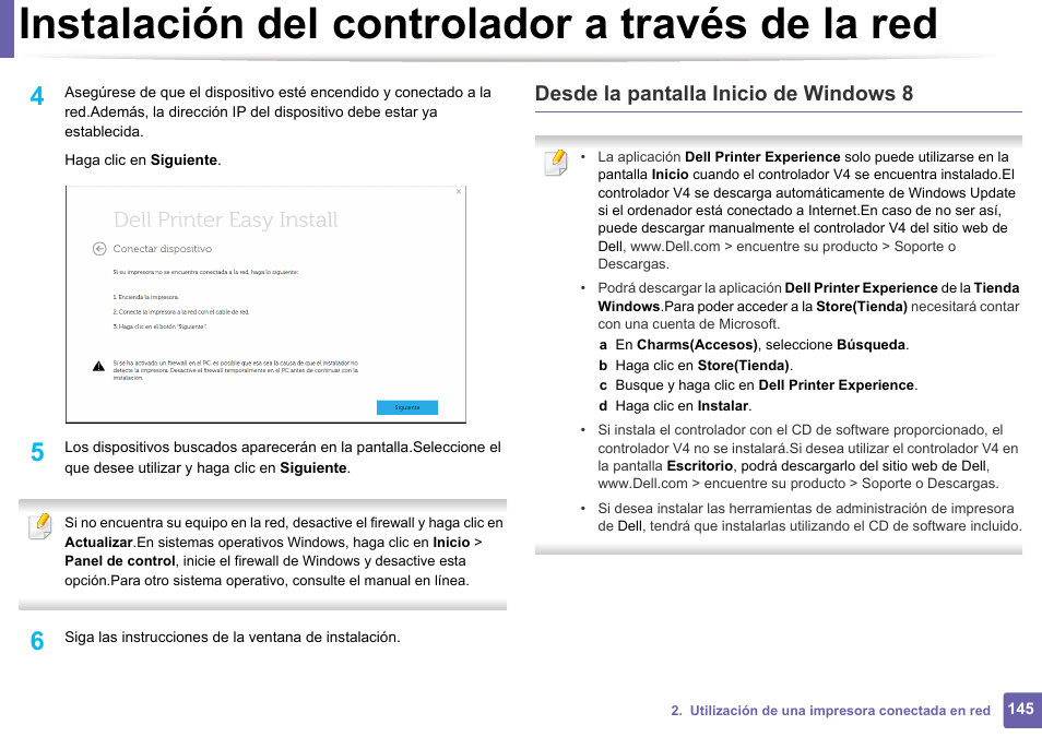 Instalación del controlador a través de la red, Desde la pantalla inicio de windows 8 | Dell B1165nfw Multifunction Mono Laser Printer User Manual | Page 145 / 311