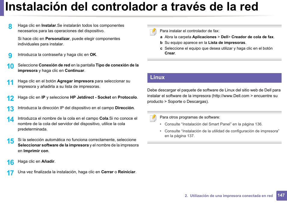 Instalación del controlador a través de la red | Dell B1165nfw Multifunction Mono Laser Printer User Manual | Page 147 / 311