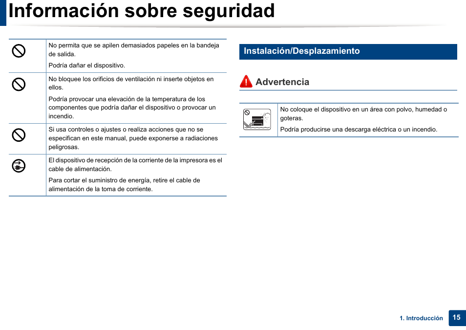 Información sobre seguridad, Advertencia, Instalación/desplazamiento | Dell B1165nfw Multifunction Mono Laser Printer User Manual | Page 15 / 311