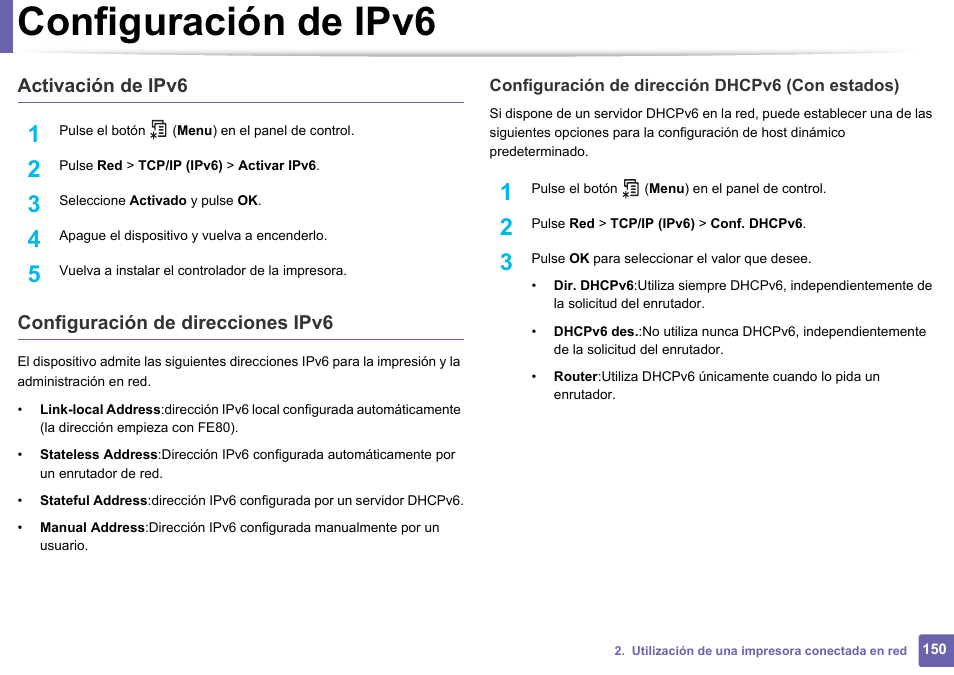 Configuración de ipv6 | Dell B1165nfw Multifunction Mono Laser Printer User Manual | Page 150 / 311
