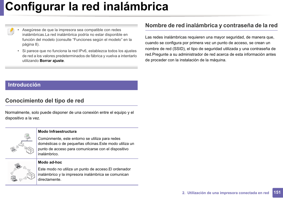 Configurar la red inalámbrica, Conocimiento del tipo de red, Nombre de red inalámbrica y contraseña de la red | Introducción | Dell B1165nfw Multifunction Mono Laser Printer User Manual | Page 151 / 311