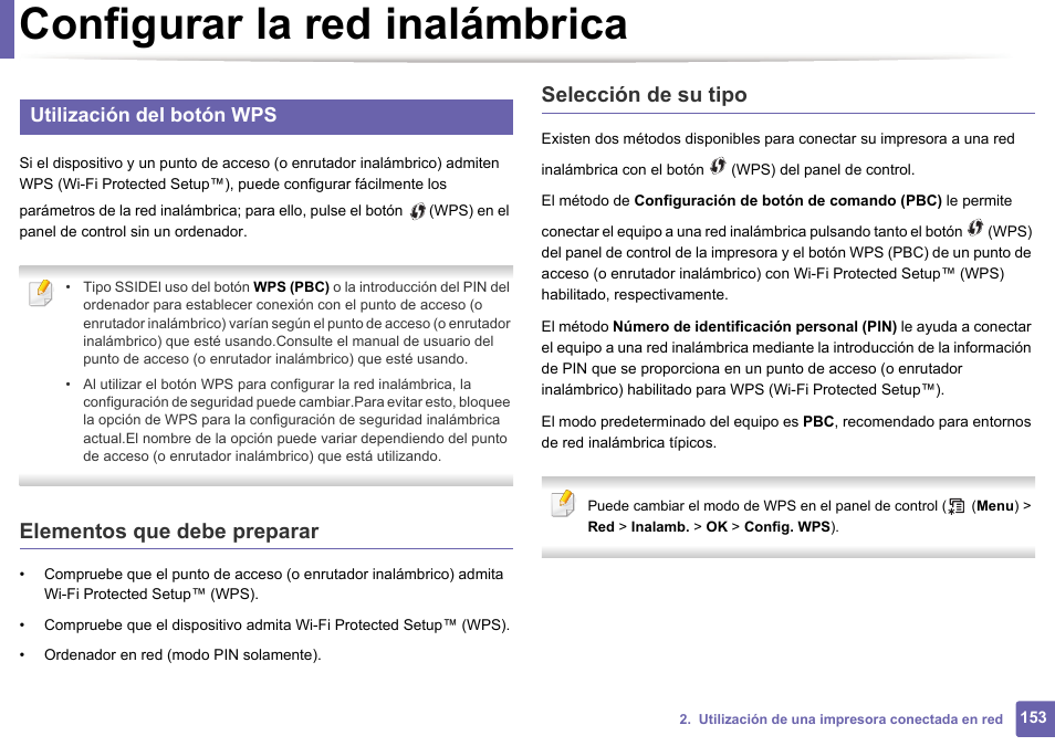 Configurar la red inalámbrica, Elementos que debe preparar, Selección de su tipo | Utilización del botón wps | Dell B1165nfw Multifunction Mono Laser Printer User Manual | Page 153 / 311