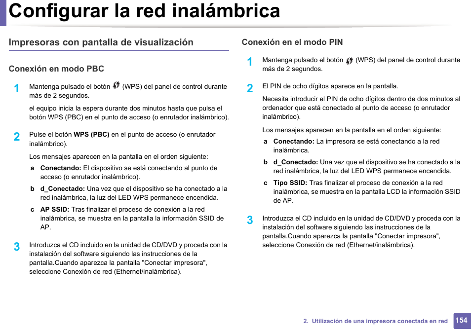 Configurar la red inalámbrica, Impresoras con pantalla de visualización | Dell B1165nfw Multifunction Mono Laser Printer User Manual | Page 154 / 311