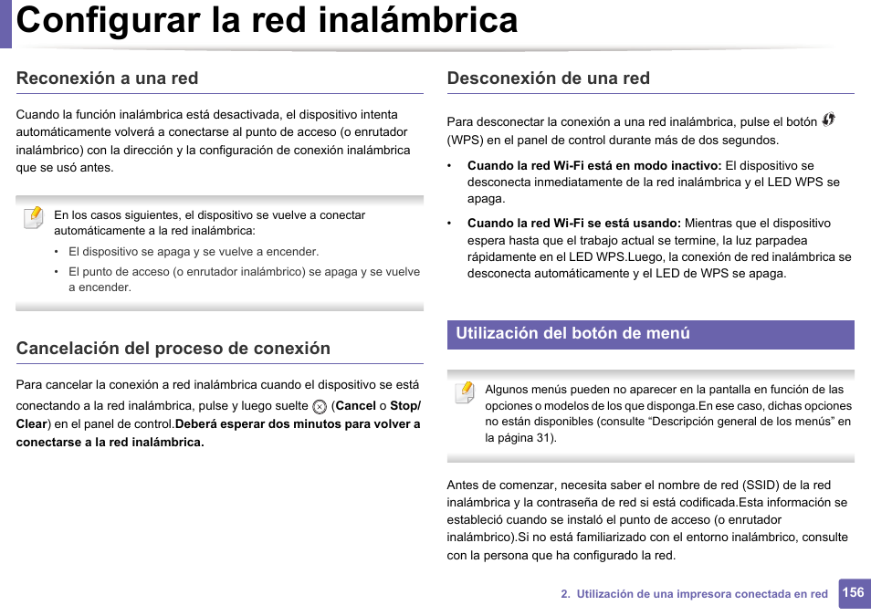 Configurar la red inalámbrica, Reconexión a una red, Cancelación del proceso de conexión | Desconexión de una red, Utilización del botón de menú | Dell B1165nfw Multifunction Mono Laser Printer User Manual | Page 156 / 311