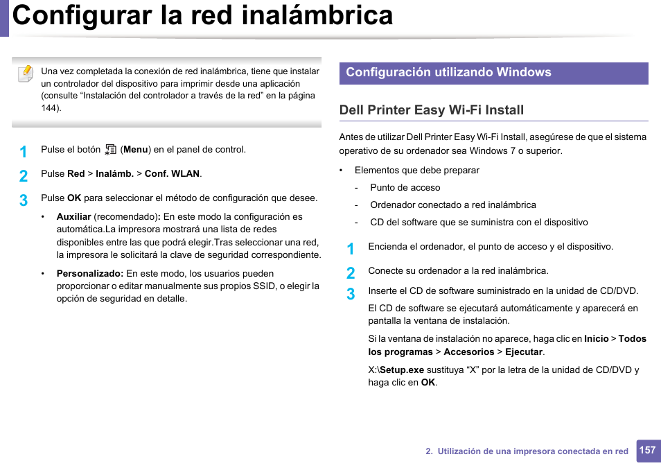 Configurar la red inalámbrica, Dell printer easy wi-fi install | Dell B1165nfw Multifunction Mono Laser Printer User Manual | Page 157 / 311