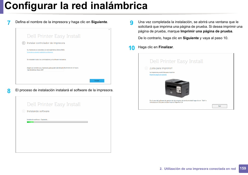 Configurar la red inalámbrica | Dell B1165nfw Multifunction Mono Laser Printer User Manual | Page 159 / 311
