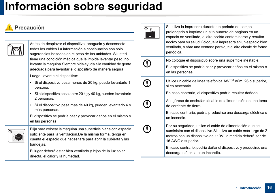 Información sobre seguridad, Precaución | Dell B1165nfw Multifunction Mono Laser Printer User Manual | Page 16 / 311