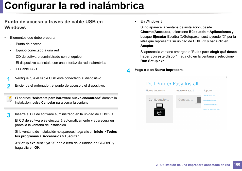 Configurar la red inalámbrica, Punto de acceso a través de cable usb en windows | Dell B1165nfw Multifunction Mono Laser Printer User Manual | Page 160 / 311