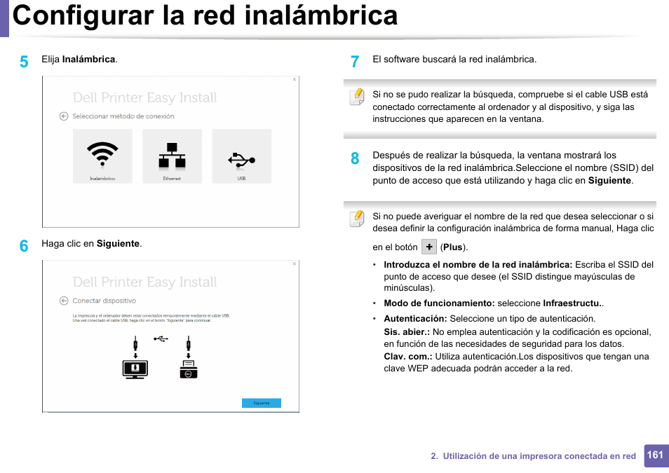 Configurar la red inalámbrica | Dell B1165nfw Multifunction Mono Laser Printer User Manual | Page 161 / 311