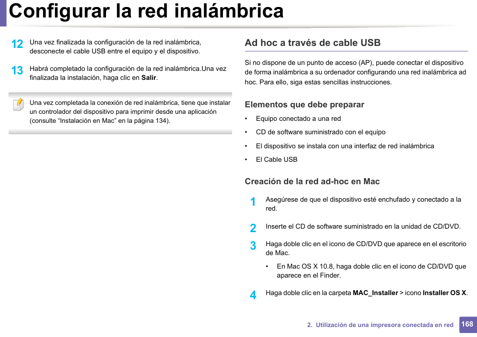 Configurar la red inalámbrica, Ad hoc a través de cable usb | Dell B1165nfw Multifunction Mono Laser Printer User Manual | Page 168 / 311