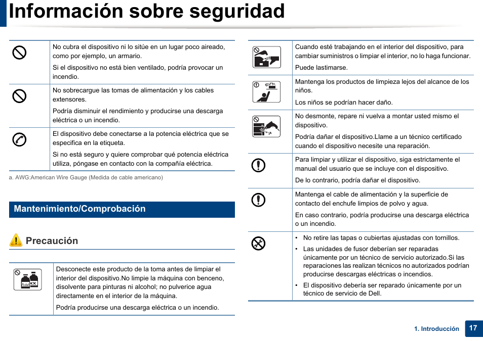 Información sobre seguridad, Precaución, Mantenimiento/comprobación | Dell B1165nfw Multifunction Mono Laser Printer User Manual | Page 17 / 311