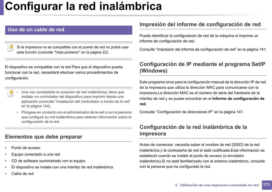 Configurar la red inalámbrica, Elementos que debe preparar, Impresión del informe de configuración de red | Uso de un cable de red | Dell B1165nfw Multifunction Mono Laser Printer User Manual | Page 171 / 311