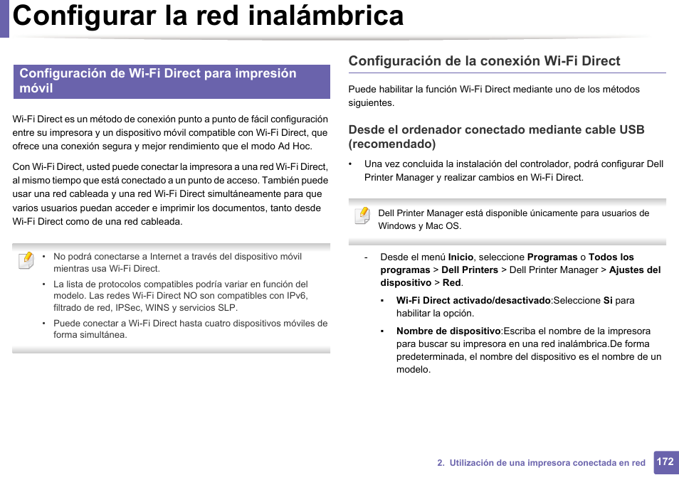 Configurar la red inalámbrica, Configuración de la conexión wi-fi direct, Configuración de wi-fi direct para impresión móvil | Dell B1165nfw Multifunction Mono Laser Printer User Manual | Page 172 / 311