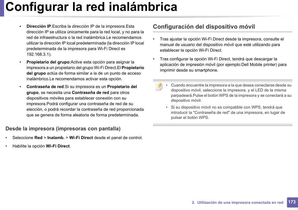 Configurar la red inalámbrica, Configuración del dispositivo móvil | Dell B1165nfw Multifunction Mono Laser Printer User Manual | Page 173 / 311