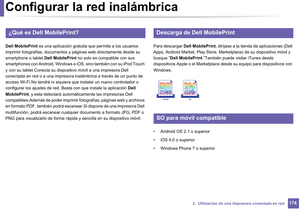 Configurar la red inalámbrica, Qué es dell mobileprint, Descarga de dell mobileprint | So para móvil compatible | Dell B1165nfw Multifunction Mono Laser Printer User Manual | Page 174 / 311