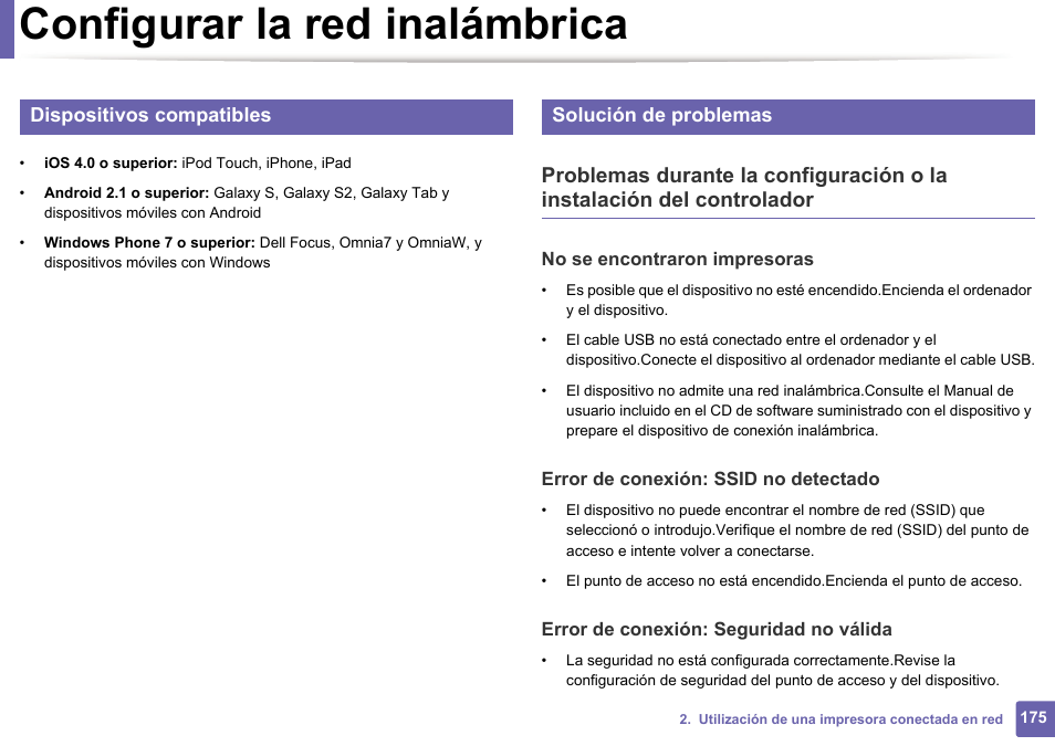 Configurar la red inalámbrica, Dispositivos compatibles, Solución de problemas | Dell B1165nfw Multifunction Mono Laser Printer User Manual | Page 175 / 311