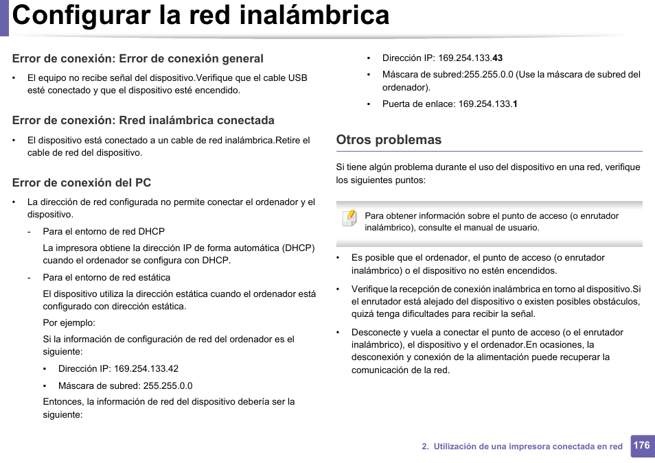 Configurar la red inalámbrica, Otros problemas | Dell B1165nfw Multifunction Mono Laser Printer User Manual | Page 176 / 311