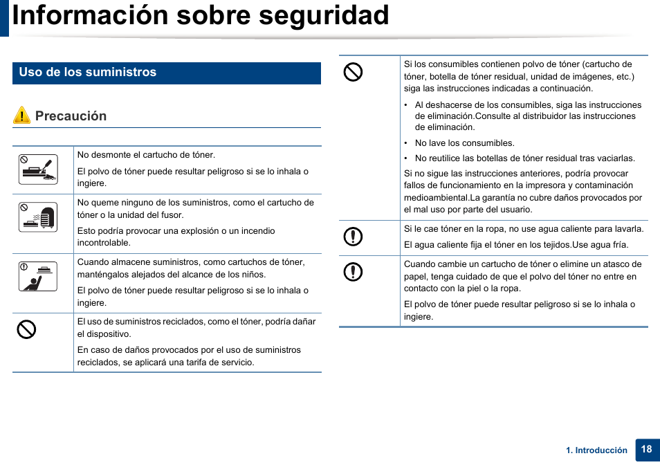 Información sobre seguridad, Precaución, Uso de los suministros | Dell B1165nfw Multifunction Mono Laser Printer User Manual | Page 18 / 311