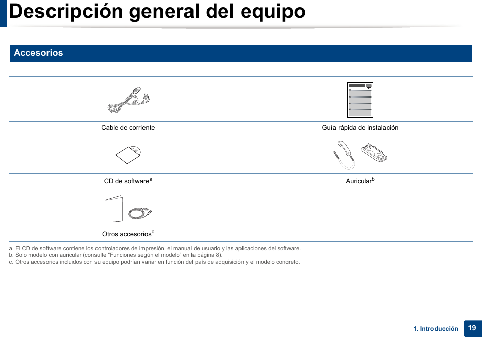 Descripción general del equipo, Accesorios | Dell B1165nfw Multifunction Mono Laser Printer User Manual | Page 19 / 311