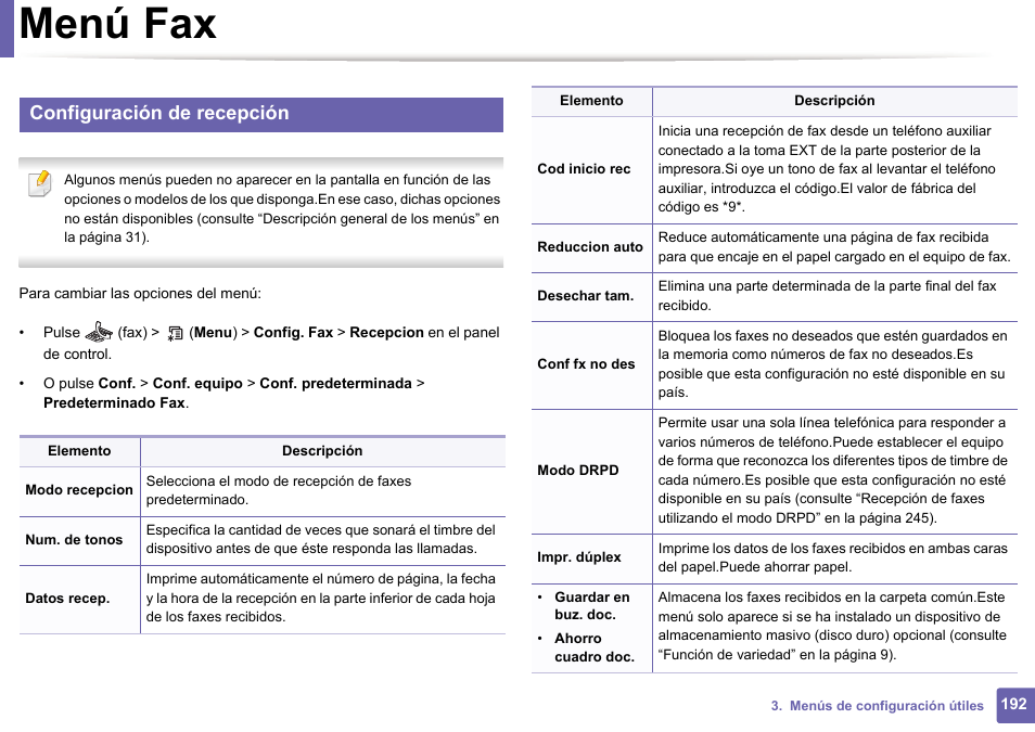 Menú fax, Configuración de recepción | Dell B1165nfw Multifunction Mono Laser Printer User Manual | Page 192 / 311