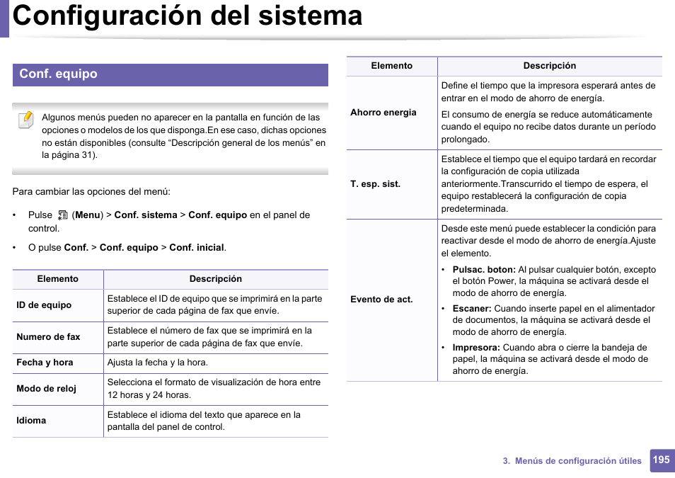Configuración del sistema, Conf. equipo | Dell B1165nfw Multifunction Mono Laser Printer User Manual | Page 195 / 311