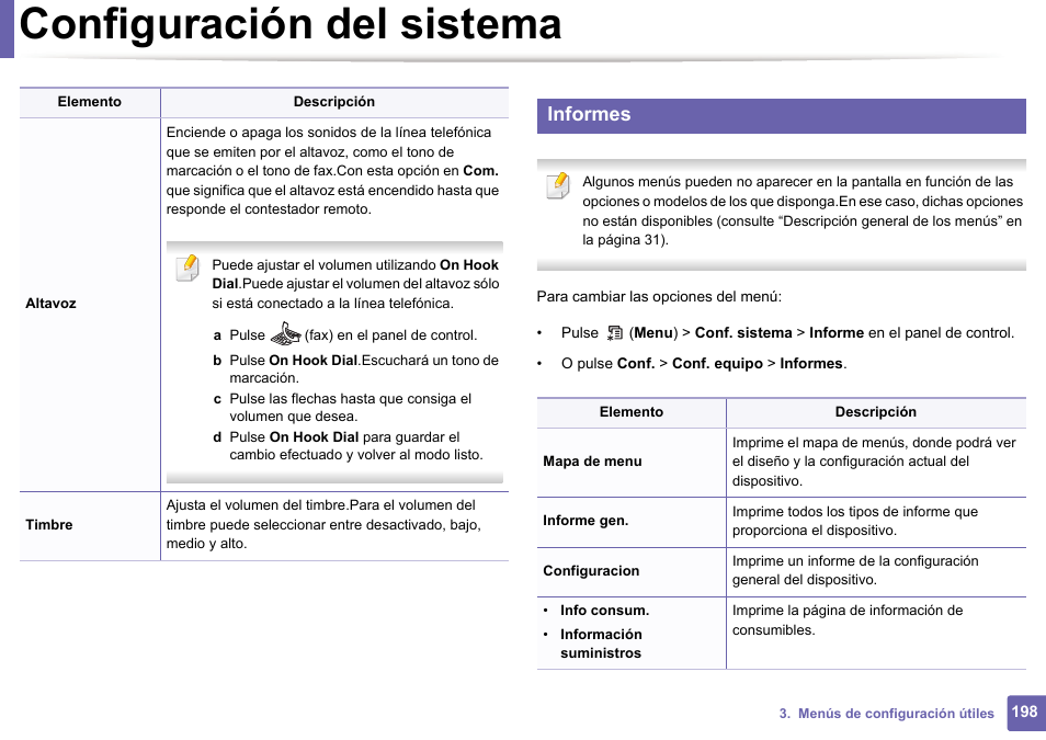 Configuración del sistema, Informes | Dell B1165nfw Multifunction Mono Laser Printer User Manual | Page 198 / 311