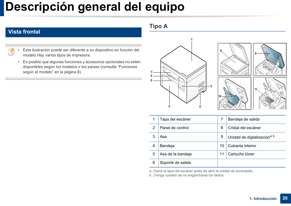 Sulte “vista, Descripción general del equipo, Tipo a | Vista frontal | Dell B1165nfw Multifunction Mono Laser Printer User Manual | Page 20 / 311