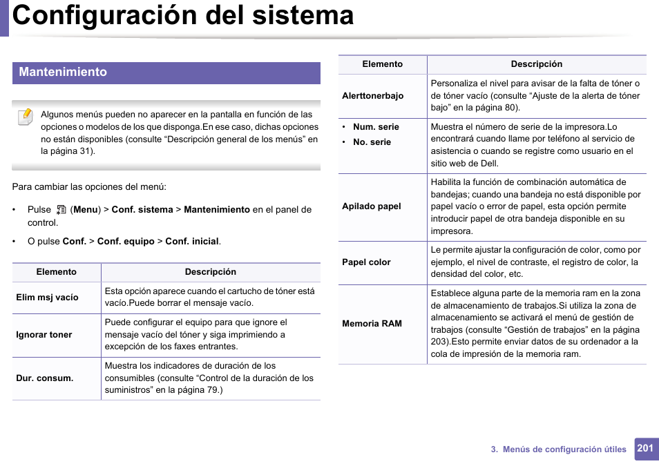 Configuración del sistema, Mantenimiento | Dell B1165nfw Multifunction Mono Laser Printer User Manual | Page 201 / 311
