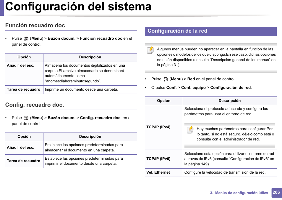 Configuración del sistema, Función recuadro doc, Config. recuadro doc | Configuración de la red | Dell B1165nfw Multifunction Mono Laser Printer User Manual | Page 206 / 311