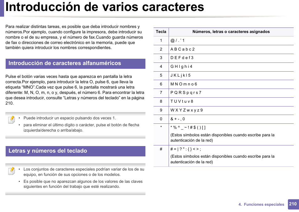 Introducción de varios caracteres, No (consulte “letras y números, Introducción de caracteres alfanuméricos | Letras y números del teclado | Dell B1165nfw Multifunction Mono Laser Printer User Manual | Page 210 / 311