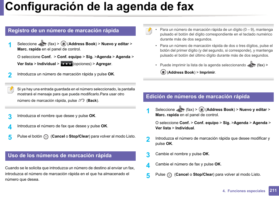 Configuración de la agenda de fax, Registro de un número de marcación rápida, Uso de los números de marcación rápida | Edición de números de marcación rápida | Dell B1165nfw Multifunction Mono Laser Printer User Manual | Page 211 / 311