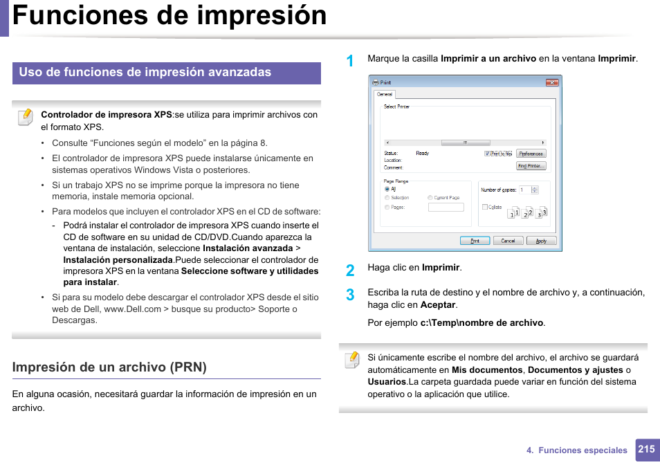 Funciones de impresión, Impresión de un archivo (prn), Uso de funciones de impresión avanzadas | Dell B1165nfw Multifunction Mono Laser Printer User Manual | Page 215 / 311