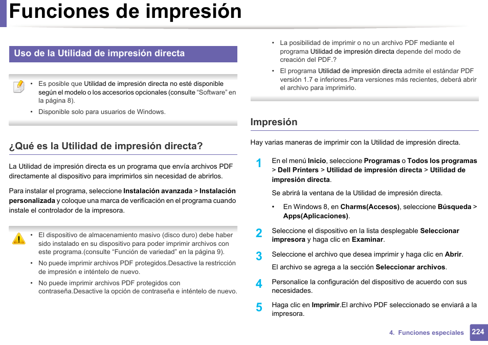 Funciones de impresión, Qué es la utilidad de impresión directa, Impresión | Uso de la utilidad de impresión directa | Dell B1165nfw Multifunction Mono Laser Printer User Manual | Page 224 / 311
