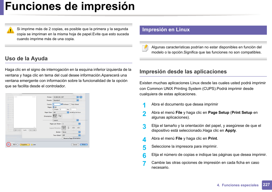 Impresión en, Funciones de impresión, Uso de la ayuda | Impresión desde las aplicaciones | Dell B1165nfw Multifunction Mono Laser Printer User Manual | Page 227 / 311