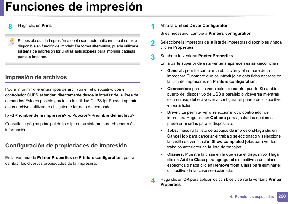 Funciones de impresión, Impresión de archivos, Configuración de propiedades de impresión | Dell B1165nfw Multifunction Mono Laser Printer User Manual | Page 228 / 311