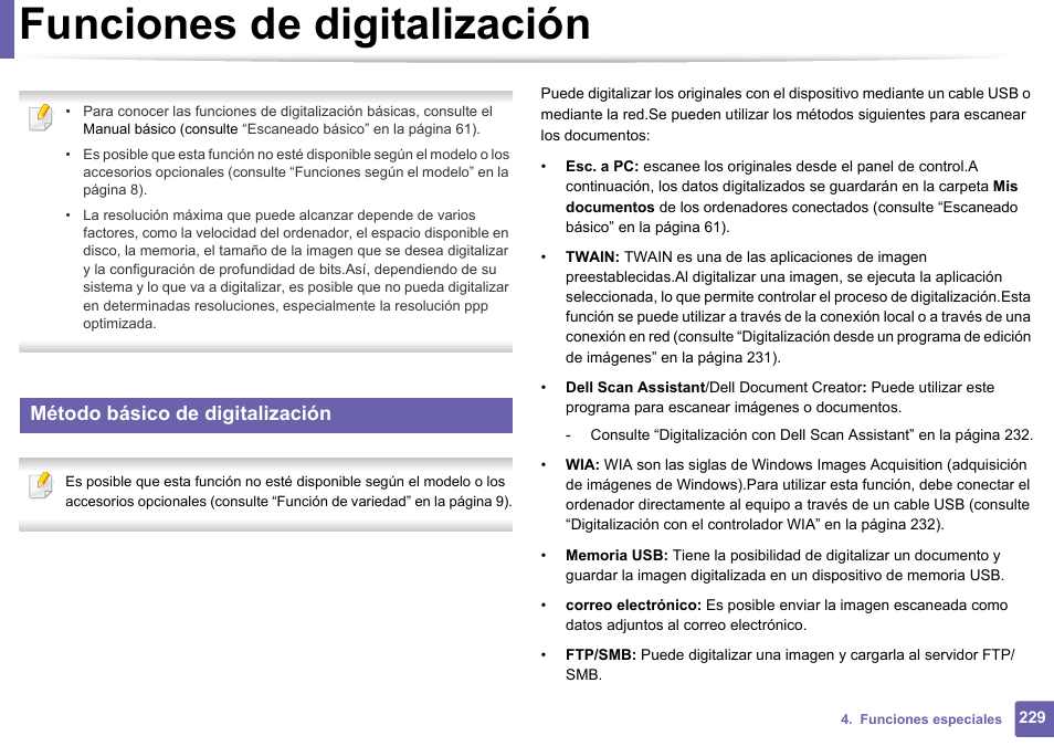 Funciones de digitalización, Método básico de digitalización | Dell B1165nfw Multifunction Mono Laser Printer User Manual | Page 229 / 311
