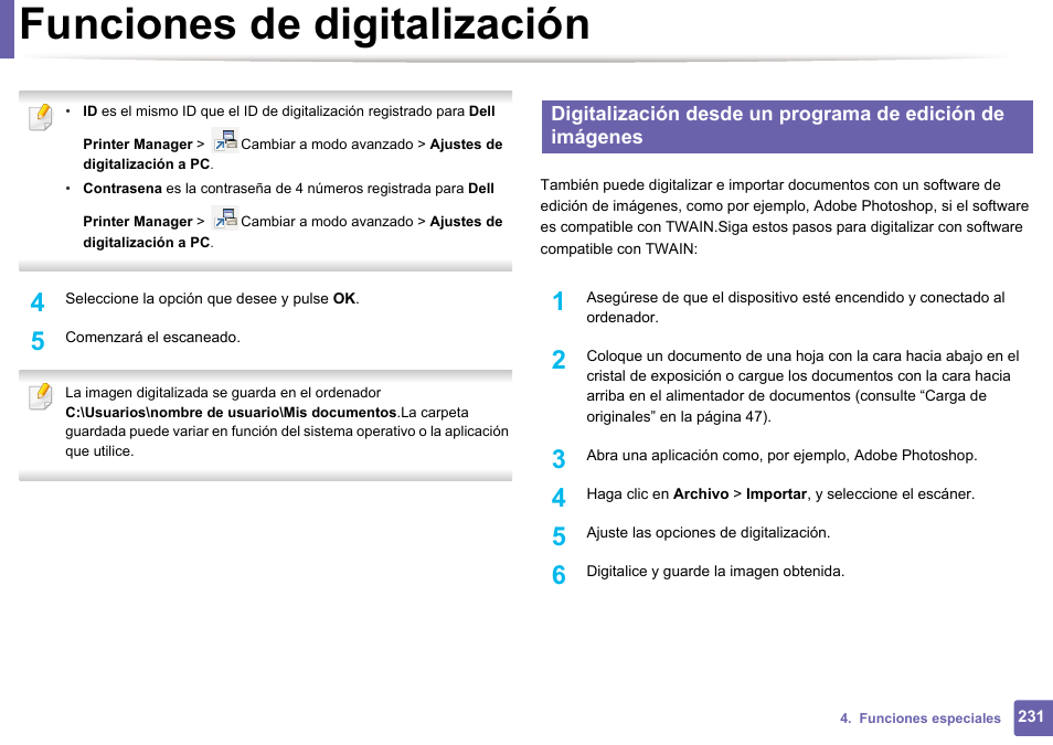Funciones de digitalización | Dell B1165nfw Multifunction Mono Laser Printer User Manual | Page 231 / 311
