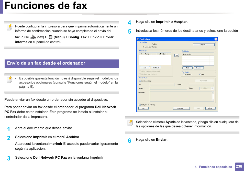Envío de un fax desde el ordenador” en, Funciones de fax, Envío de un fax desde el ordenador | Dell B1165nfw Multifunction Mono Laser Printer User Manual | Page 238 / 311