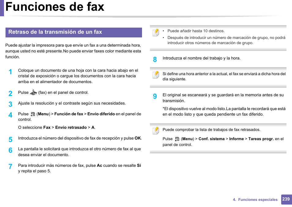 Funciones de fax, Retraso de la transmisión de un fax | Dell B1165nfw Multifunction Mono Laser Printer User Manual | Page 239 / 311