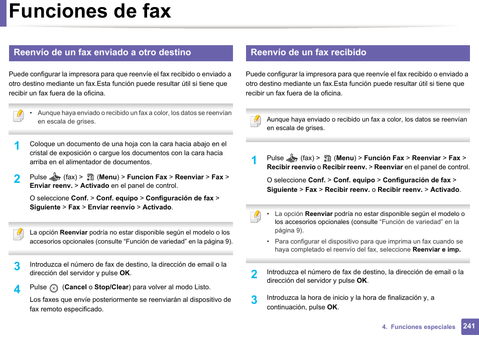 Reenvío de un fax enviado a otro, Reenvío de un fax recibido” en la, Funciones de fax | Reenvío de un fax enviado a otro destino, Reenvío de un fax recibido | Dell B1165nfw Multifunction Mono Laser Printer User Manual | Page 241 / 311