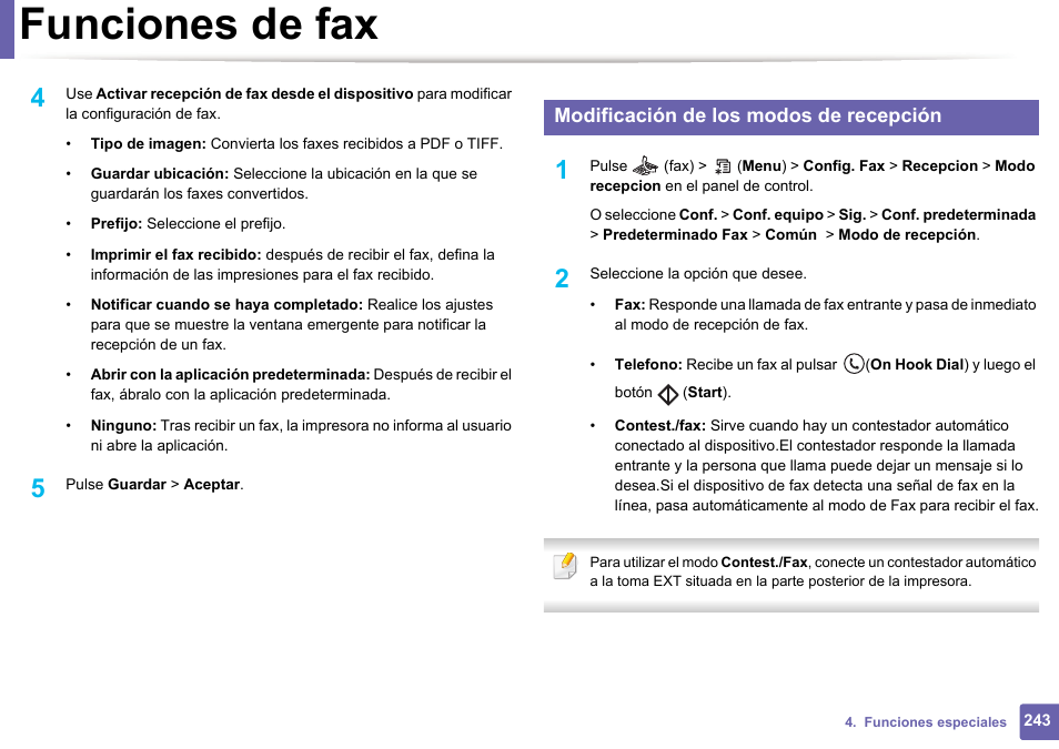 Funciones de fax, Modificación de los modos de recepción | Dell B1165nfw Multifunction Mono Laser Printer User Manual | Page 243 / 311