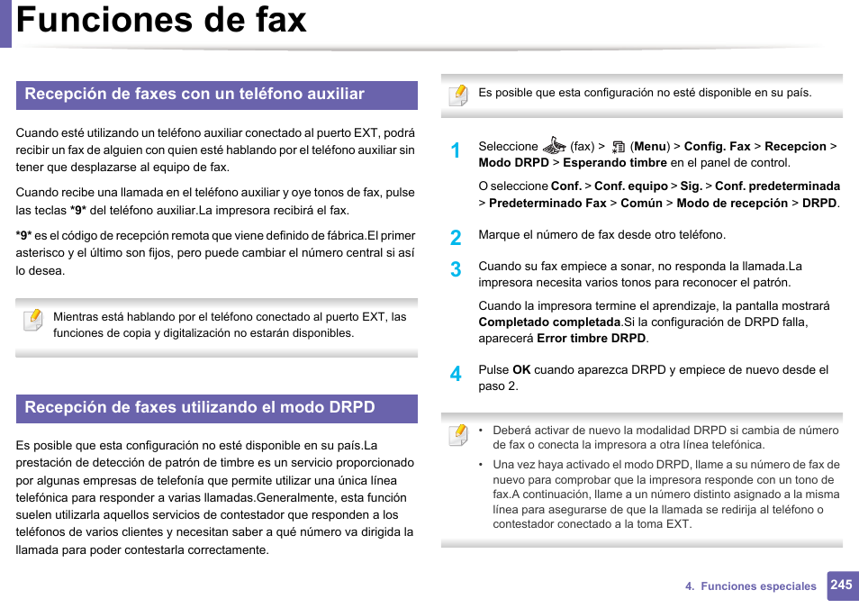 Funciones de fax, Recepción de faxes con un teléfono auxiliar, Recepción de faxes utilizando el modo drpd | Dell B1165nfw Multifunction Mono Laser Printer User Manual | Page 245 / 311