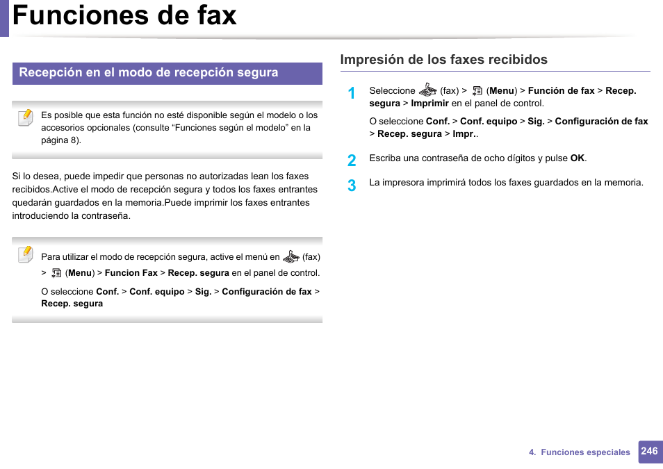 Funciones de fax, Impresión de los faxes recibidos, Recepción en el modo de recepción segura | Dell B1165nfw Multifunction Mono Laser Printer User Manual | Page 246 / 311