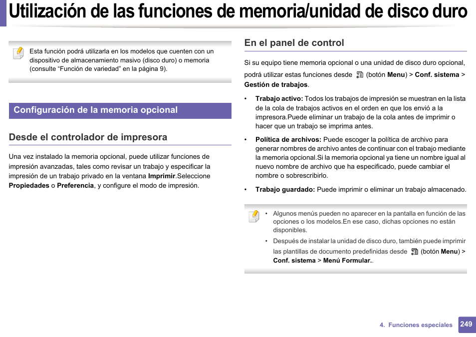 Utilización de las funciones de memoria/unidad de, Disco duro, Desde el controlador de impresora | En el panel de control | Dell B1165nfw Multifunction Mono Laser Printer User Manual | Page 249 / 311