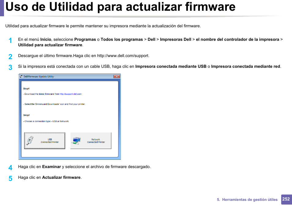 Uso de utilidad para actualizar firmware | Dell B1165nfw Multifunction Mono Laser Printer User Manual | Page 252 / 311