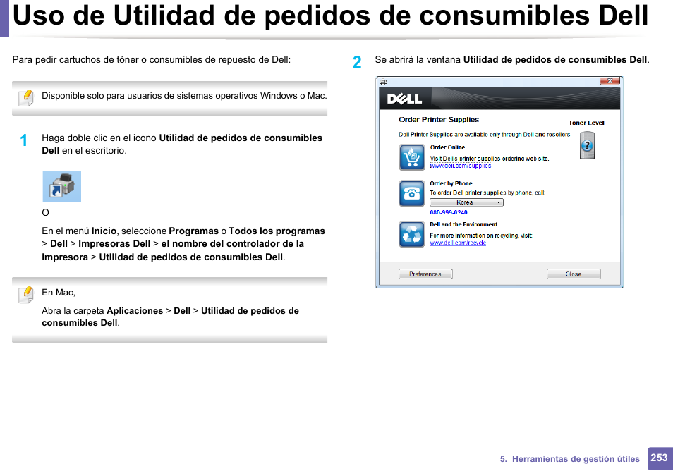 Uso de utilidad de pedidos de consumibles dell, Uso de utilidad de pedidos de consumibles dell 253 | Dell B1165nfw Multifunction Mono Laser Printer User Manual | Page 253 / 311