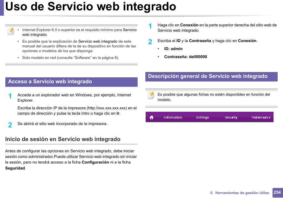 Uso de servicio web integrado, Inicio de sesión en servicio web integrado, Acceso a servicio web integrado | Descripción general de servicio web integrado | Dell B1165nfw Multifunction Mono Laser Printer User Manual | Page 254 / 311